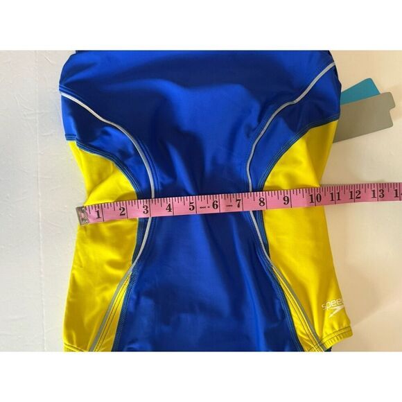 Speedo One Piece Swimsuit 12 Blue Yellow Gold Sporty PowerFlex Eco Splice Back - Picture 14 of 16